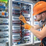 Elektriker mit Schutzausrüstung bei Wartungsarbeiten an einem komplexen Schaltschrank
