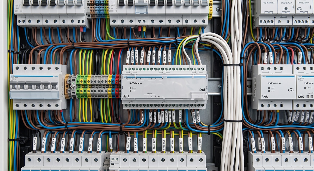 Elektroverteiler mit KNX-Dimmer, Aktoren und Sicherungsautomaten in strukturierter Verkabelung