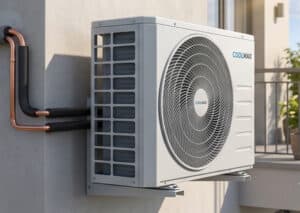 COOLMAX Klimaanlagen-Außeneinheit an einer Hauswand montiert